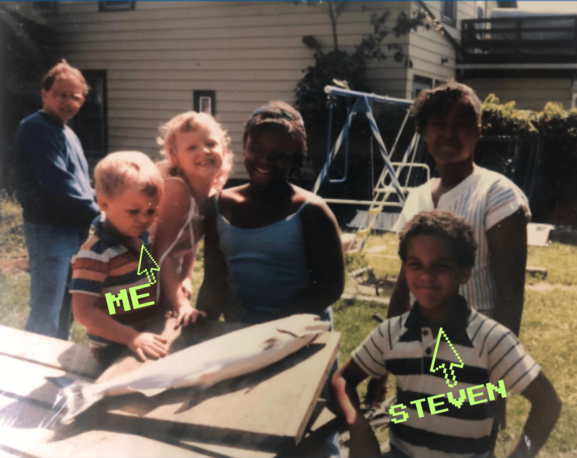 Benjamin and Steven as little kids in a Milwaukee backyard with their family, pixel-art arrows labeling ME and STEVEN