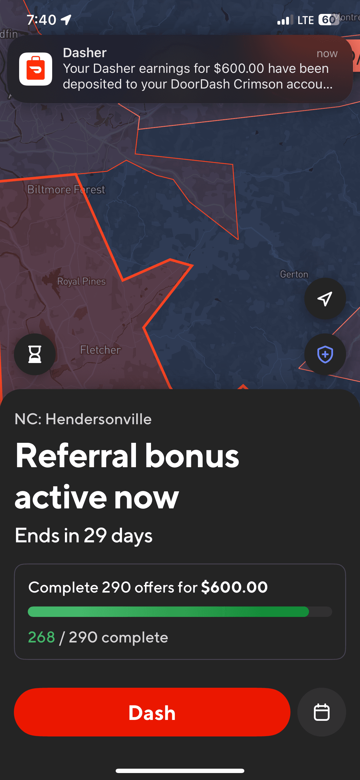 DoorDash dasher app showing a $600 referral bonus, 268 of 290 deliveries complete, NC: Hendersonville