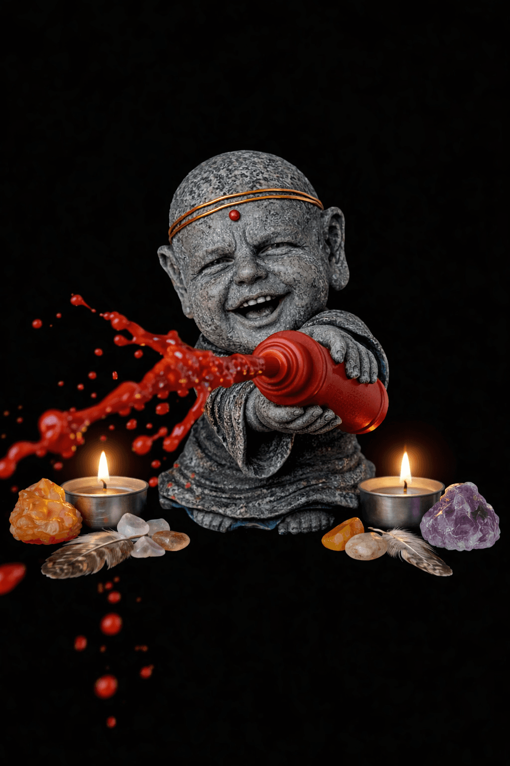 Stone buddha statue laughing while squeezing a Sriracha bottle, surrounded by tealights and crystals