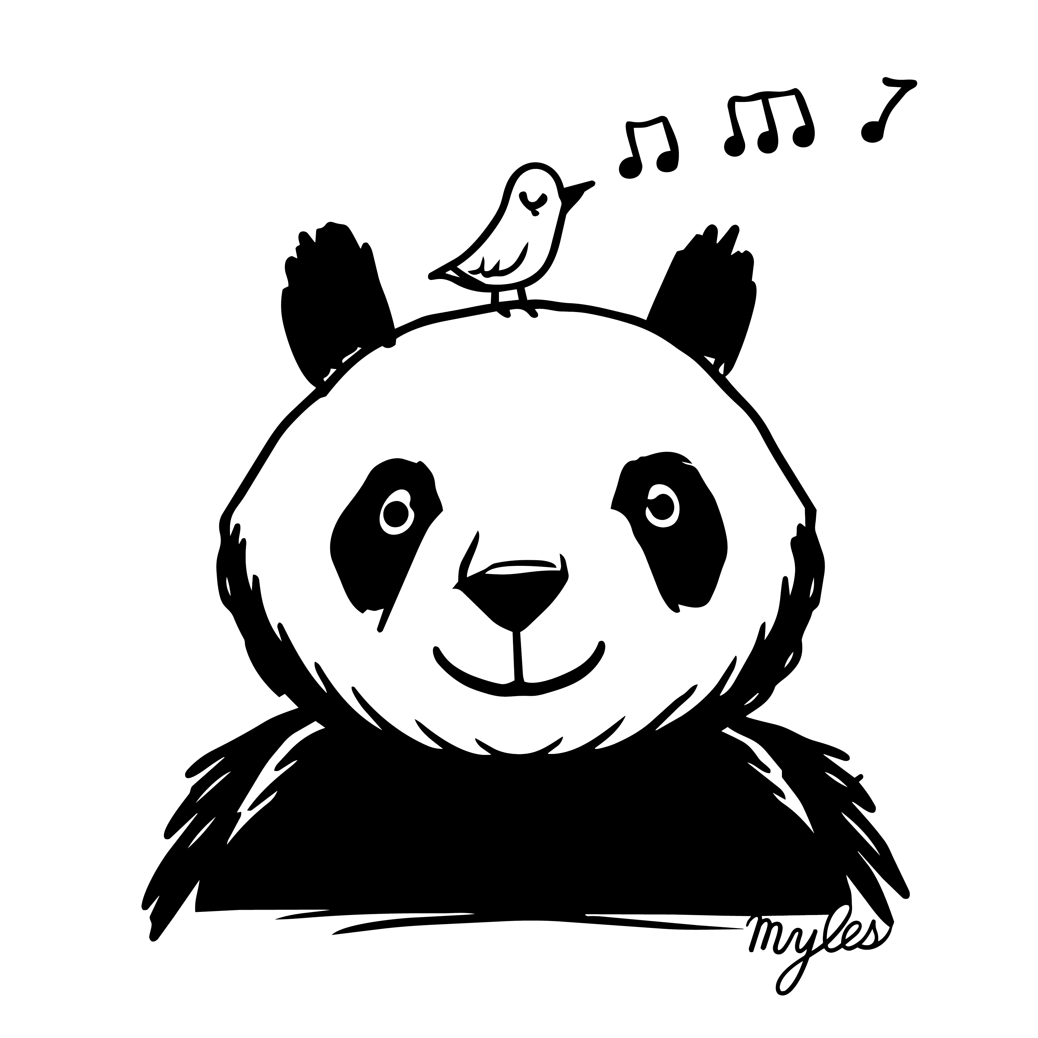 Original drawing by Myles, age 7 — a panda with a bird whistling on its head